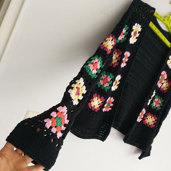 Open Cardigan Womens L Black Crochet Granny Square Patchwork HandMade Sheer Boho - Picture 2 of 6